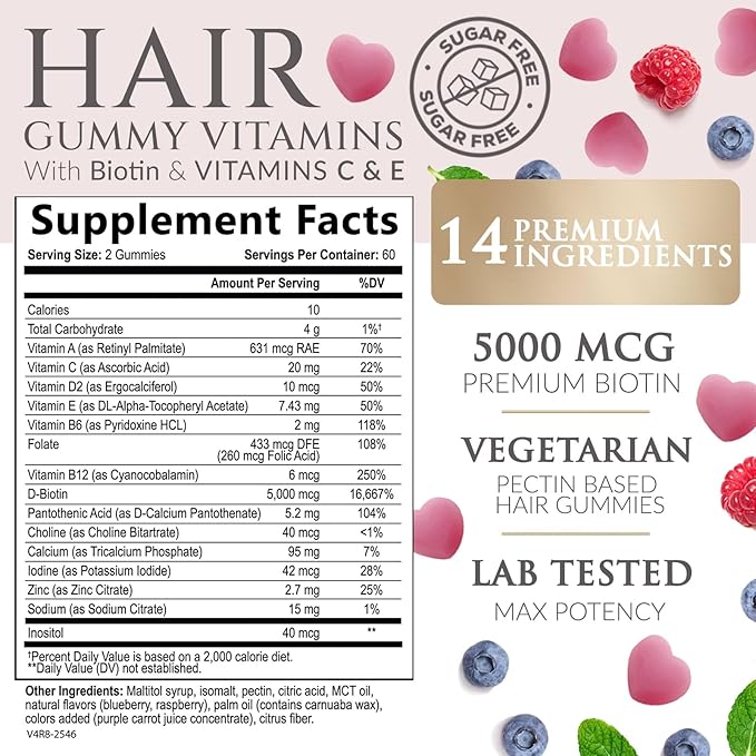Hair Vitamins Gummies - Sugar Free Hair Growth Support Gummy with Biotin 5000 mcg Per Serving, Vitamin A, B12, C, D, E, Folic Acid - Supports Strong Beautiful Hair and Nails, Vegetarian - 120 Gummies