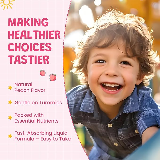 Liquid Iron Supplement for Kids, Women & Men - with Calcium, Zinc, Kids Multivitamin with Iron Drops - Blood Builder & Energy Support for Iron Deficiency, Anemia, Peach Flavor 2 Fl Oz