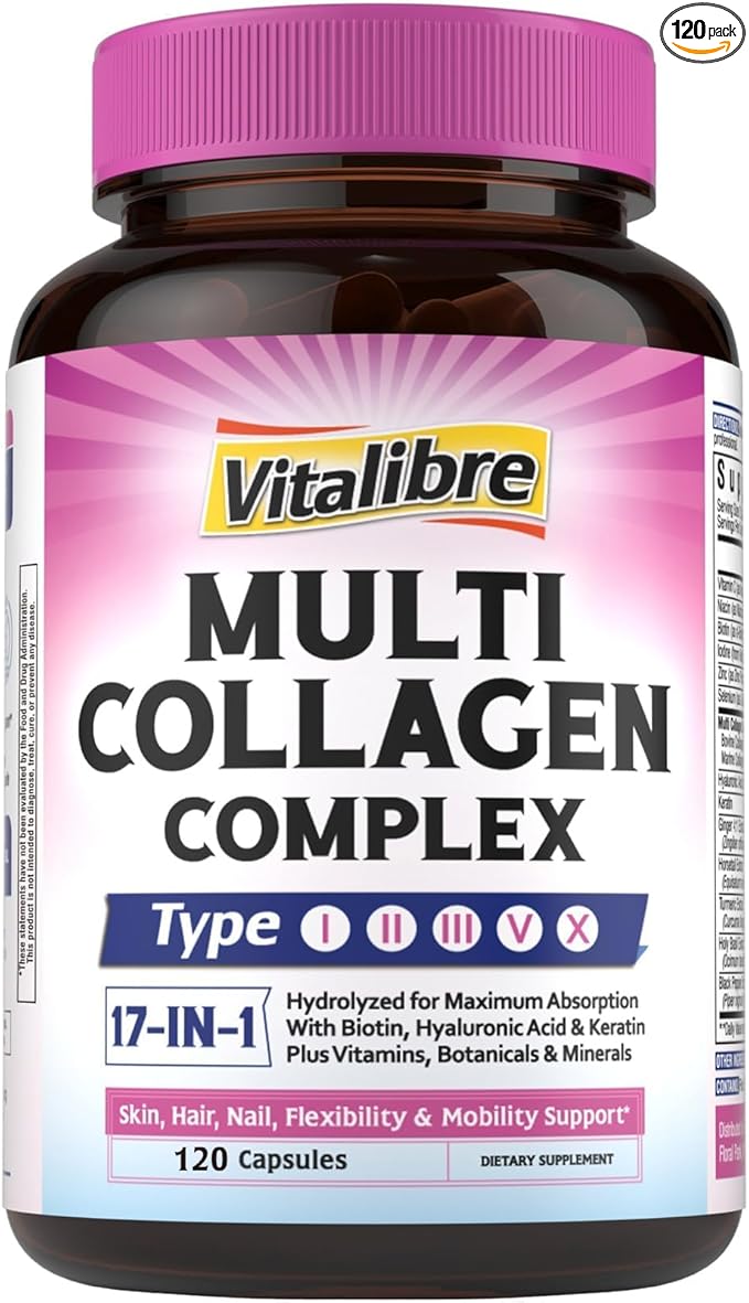 Collagen Peptides Capsules for Women & Men, Type I, II, III, V, X, Biotin, Hyaluronic Acid & Keratin, Vitamin C, Niacinamide, Turmeric & Ginger, Skin, Hair, Nail, Flexibility, 120 Count