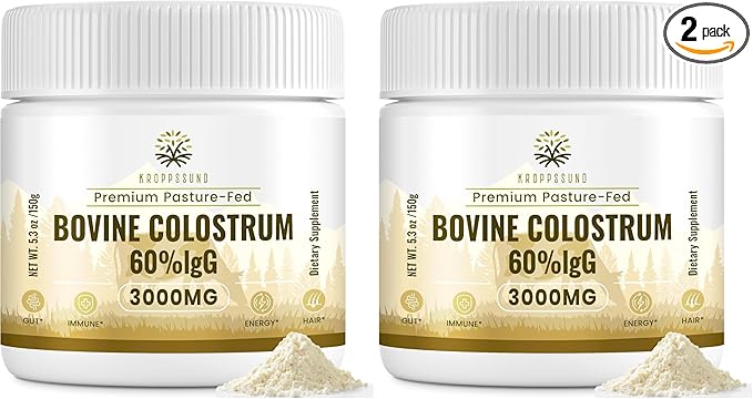 Kroppssund Bovine Colostrum Powder Supplement 3000 mg - Extra High 60% IgG Bovine Colostrum - Gut,Bone,Exercise,Immune - 50 Servings (1 Bottle),(Pack of 2)