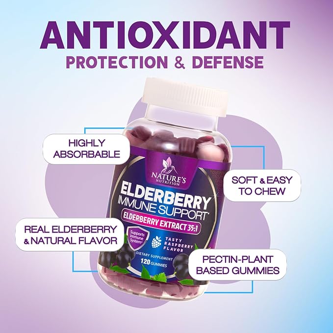Elderberry Immune Support Gummies - Elderberry Extract Sambucus Nigra - Black Elder Berry Vitamin Supplement - Natural, Daily Immune Support Kids & Adults Love - Delicious Berry Flavor - 120 Gummies