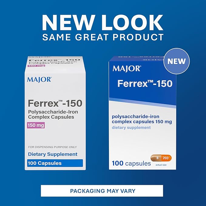 MAJOR Ferrex-150 Polysaccharide-Iron Complex Capsules 150mg Iron Supplement for Women and Men – Gentle on Stomach – 100 Capsules (2 Pack)