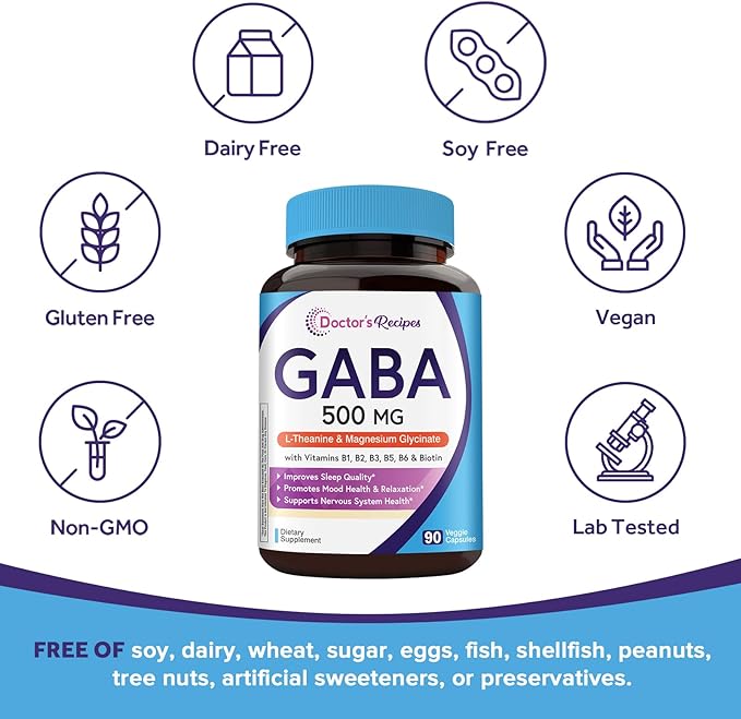 Doctor's Recipes GABA Magnesium Glycinate L-Theanine Supplement, GABA (Gamma-Aminobutyric Acid) 500mg, Vitamin B6, B1, B2, B3, B5, Biotin, Calm, Sleep, Relaxation, Mood Support, 90 Veggie Capsules