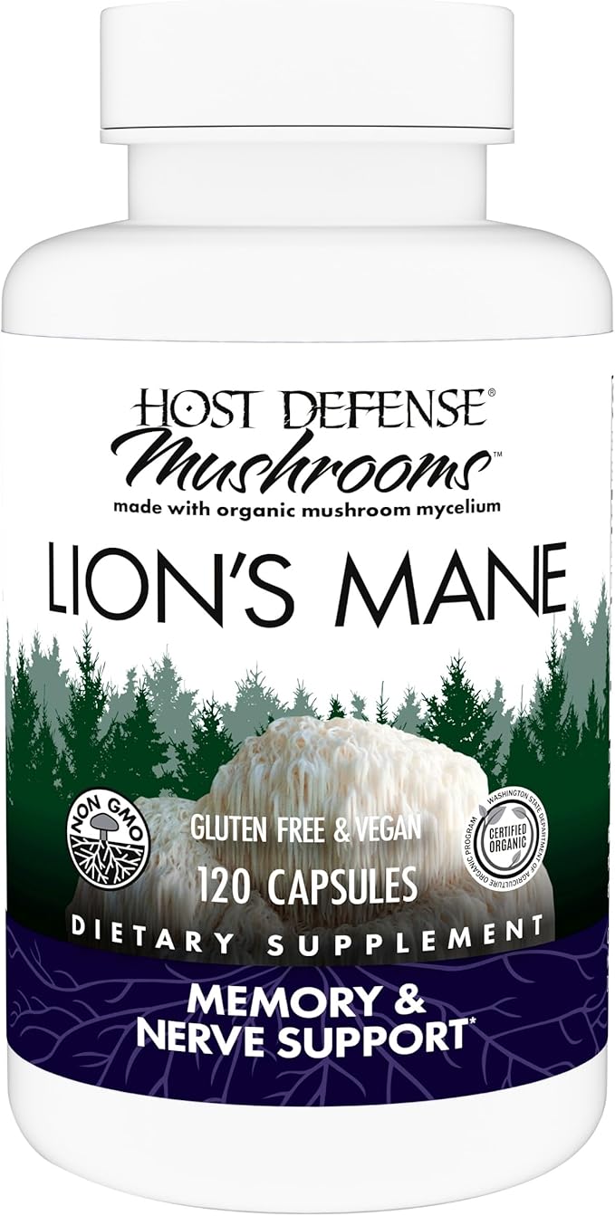 Host Defense Mushrooms Lion's Mane - Supplement Capsules for Brain Health Support - Mushroom Support for Focus & Memory Function - Immune & Nervous System Supplement - 120 Capsules