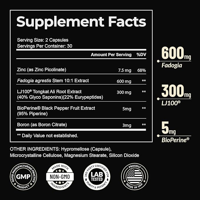 Earth Elixir LJ100 Tongkat Ali & Fadogia Agrestis for Men – Natural Testosterone Supplement - Made in USA & 3rd Party Tested for Strength, Energy & Vitality - Clinically Studied Tongkat Ali LJ100