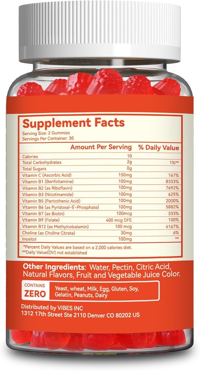 Vitamin B Complex Gummies for Women & Men - Vitamin B12, B1, B2, B3, B5, B6, B7 & B9 - B Complex with Vitamin C & Choline - Energy & Immune Support* - Vegan, Sugar Free, Peach Flavor - 120 Gummies