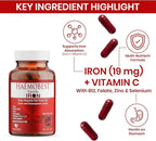 HealthBest High Potency Gentle Iron Capsules 19mg |Slow Release Iron for Faster Absorption, Non-Constipating| Vitamin C, B12, Folate Zinc & Selenium for Anemia, Hemoglobin & Immune Support |60 Count