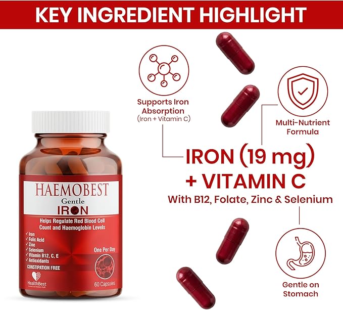 HealthBest High Potency Gentle Iron Capsules 19mg |Slow Release Iron for Faster Absorption, Non-Constipating| Vitamin C, B12, Folate Zinc & Selenium for Anemia, Hemoglobin & Immune Support |60 Count