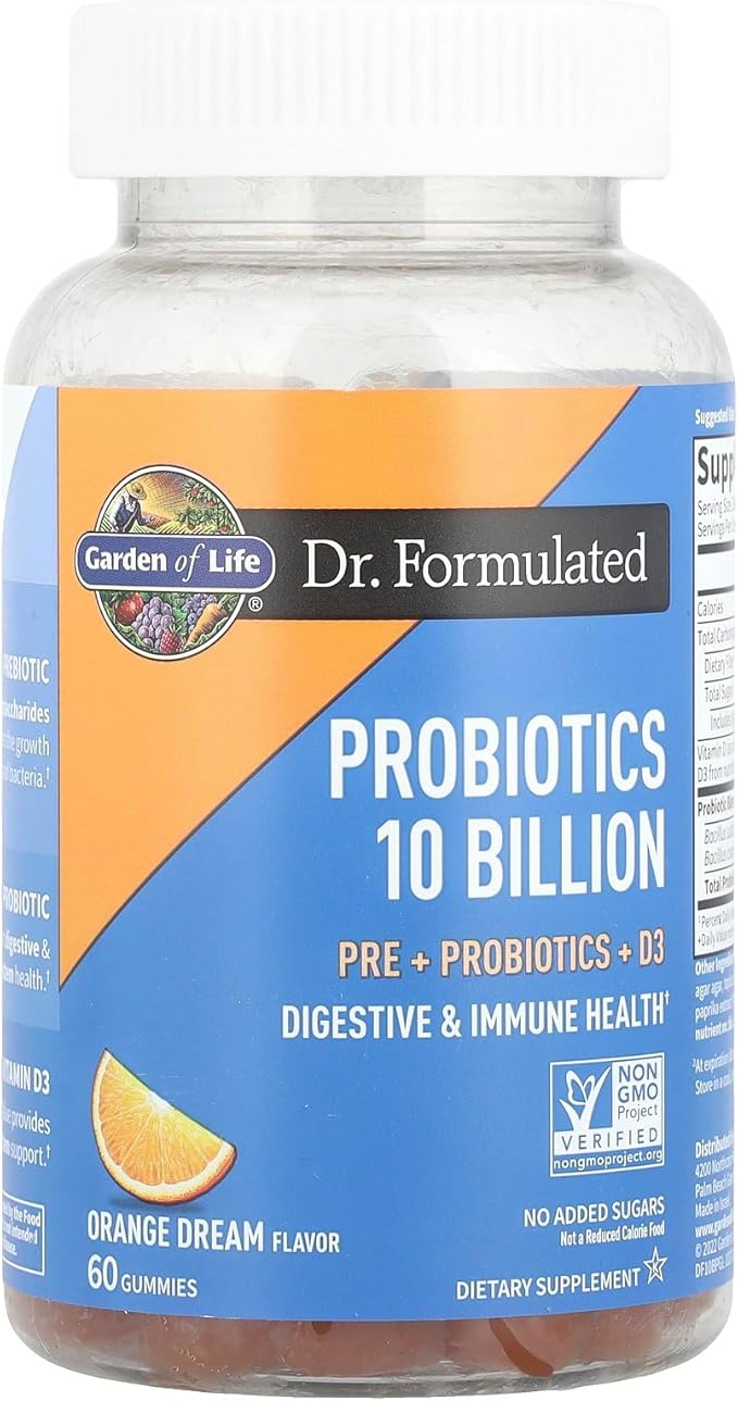 Garden of Life Dr Formulated 10 Billion CFU Prebiotic Fiber & Probiotic Gummies with Vitamin D3 for Digestive and Immune Health – Gluten Free, Non GMO, No Added Sugar, Orange Dream Flavor, 60 Gummies