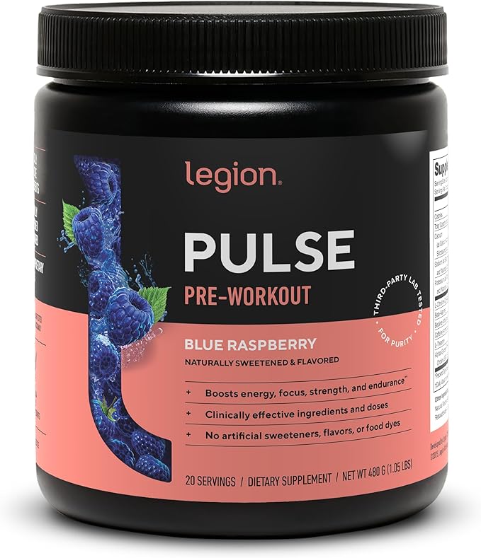 LEGION Pulse Pre Workout - All Natural Nitric Oxide Preworkout Drink to Boost Energy, Creatine Free, Naturally Sweetened, Beta Alanine, Citrulline, Alpha GPC (Blue Raspberry)