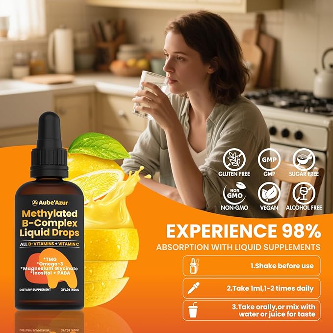 Methylated B Complex Liquid Drop, Liquid B Complex Vitamins for Women, with Methyl B12, Methylfolate, B1, B3, B5, B6, B7, C, Omega-3, Inositol, Magnesium, TMG Supplement for Energy Support, 2 FL OZ