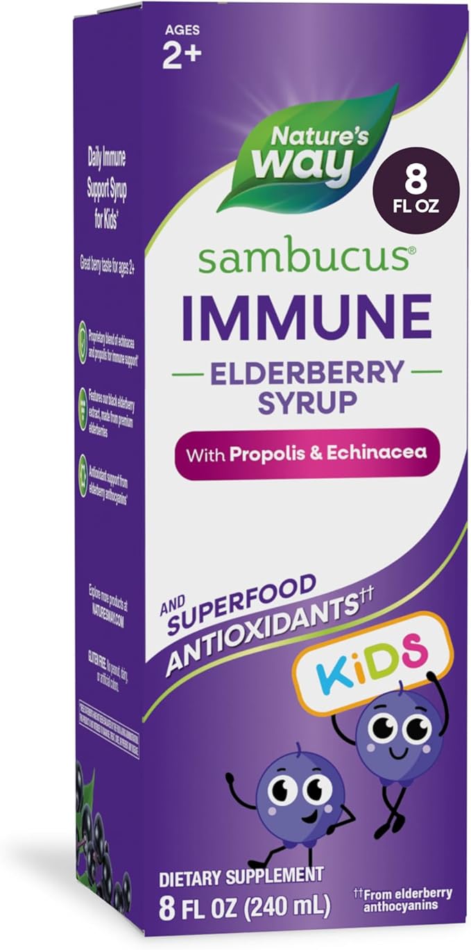 Nature's Way Sambucus Kids Immune Elderberry Syrup, Black Elderberry Extract with Echinacea & Propolis, Traditional Immune Support for Children with Superfood Antioxidants(1), Berry Flavored, 8 Fl Oz