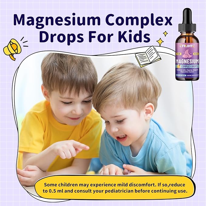 Kids Magnesium Liquid Drops-Magnesium Glycinate Liquid for Kids Supplement-w/L-theanine, Omega-3, Vitamin B6, D3 - for Sleep, Relaxation, Brain, Bones - Mango Flavor, 2 Fl Oz