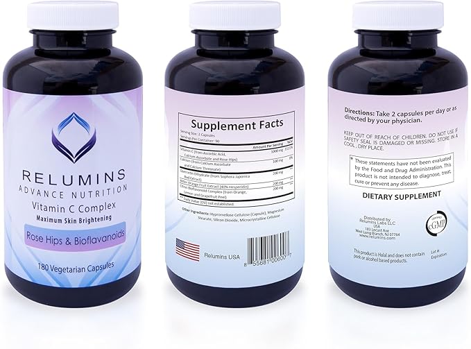 Relumins Advanced Vitamin C Supplement with Rose HIPS - 1000mg of Vitamin C Immune Support & Collagen Production, Made in USA, Ultimate Wellness Gift for Mom, 180 Capsules x 10 Bottles