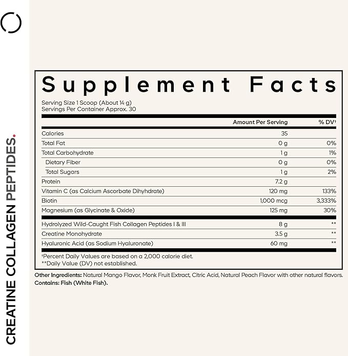 Codeage Creatine Collagen Peptides - Creatine Monohydrate Powder Supplement, Wild-Caught Marine Collagen, Biotin, Magnesium, Vitamin C, Hyaluronic Acid - Mango Flavored - Non-GMO - 15 Oz