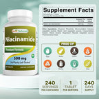 Best Naturals Niacinamide 500mg 240 Tablets (Suitable for Vegetarian) - Non-Flushing Form of Niacin (Vitamin B3)