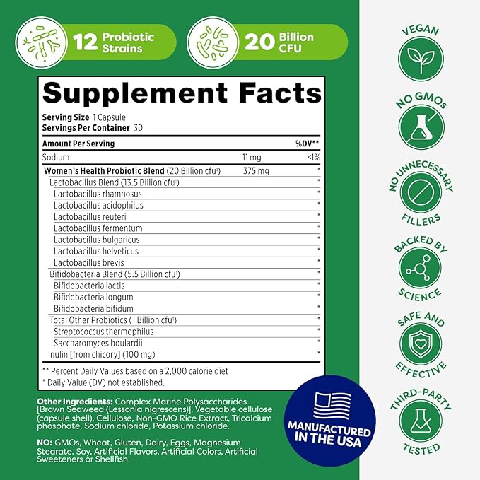 Probulin Women’s Health Probiotic + Prebiotic for Vaginal, Gut & Immune Health - 20 Billion CFU - 12 Probiotic Strains, 30 Vegan Capsules
