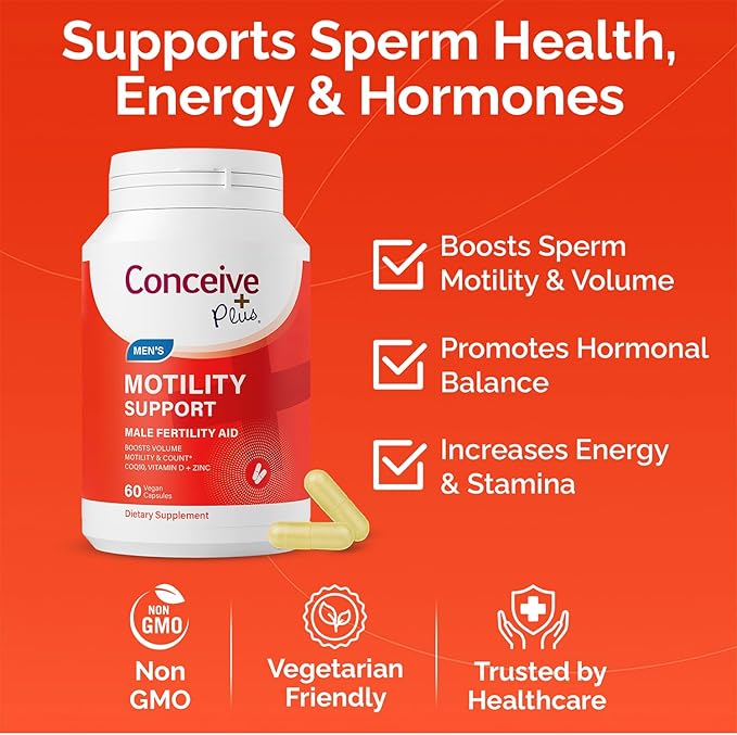 CONCEIVE PLUS Motility Support for Men | Boost Sperm Volume & Count | Spermidine Supplements with Vitamin D, E, Zinc, Antioxidants – Multivitamin Fertility Supplements for Men, 60 Caps