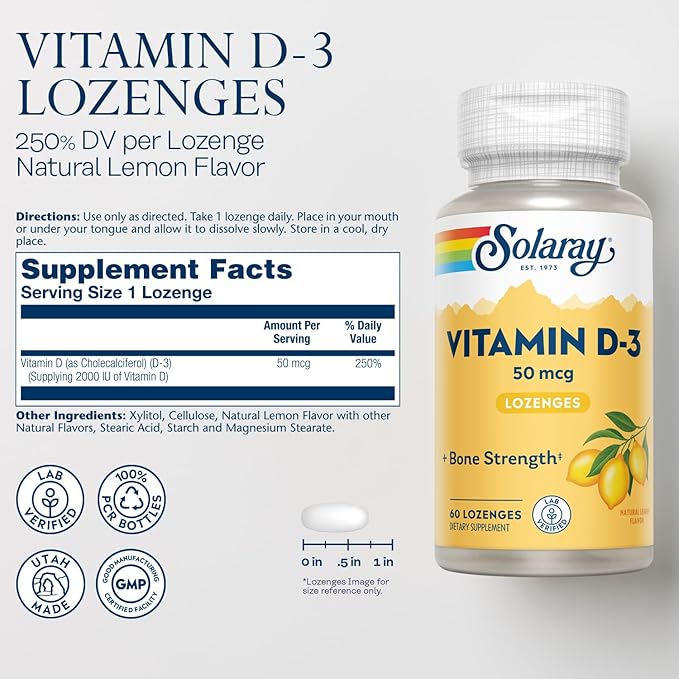 SOLARAY Vitamin D3 2000IU Supplement for Men & Women - Vitamin D as Cholecalciferol, VIT D3 50 mcg for Adults, Bone Strength Support, Natural Lemon Flavor - 60 Lozenges