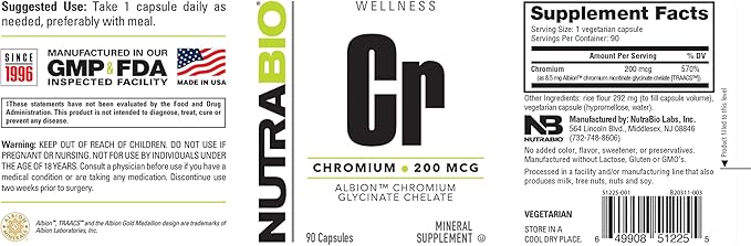 NutraBio Chelated Chromium GTF - 200 mcg - 90 Vegetable Capsules - Supports Healthy Metabolism