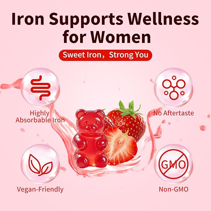 2 Pack Iron Gummies for Women & Kids, Sugar Free with Vitamin C, 20mg Gentle Iron for Whole Family, Non-Constipating, Blood Builder B12 & Folate, Energy Support, Strawberry 120 Count