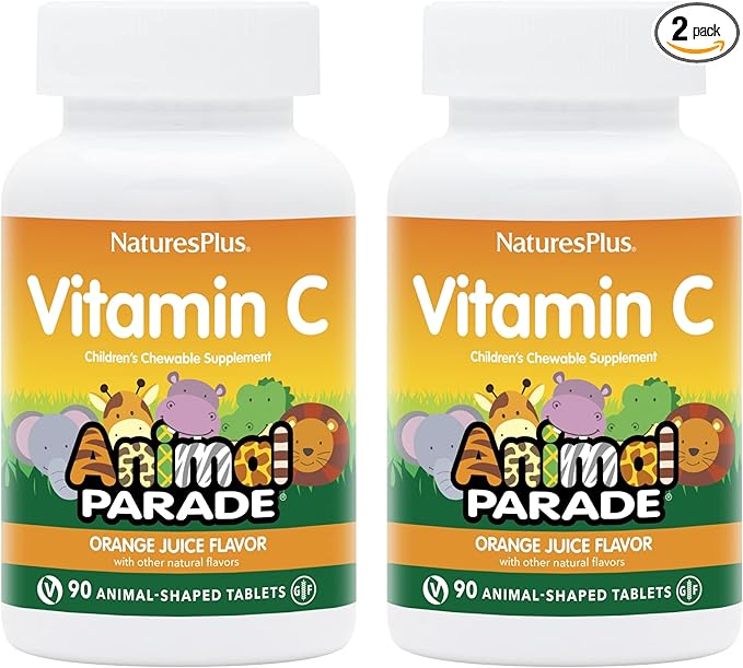 NaturesPlus Animal Parade Vitamin C Children's Chewable - Natural Orange Juice Flavor - 90 Animal-Shaped Tablets, Pack of 2 - Vegan, Vegetarian, Gluten Free - 90 Total Servings