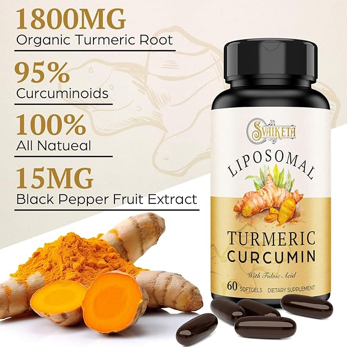 Liposomal Turmeric Curcumin Supplement - 2000mg, 95% Curcuminoid Extract with Piperine - 60 Softgels (2 Bottle)