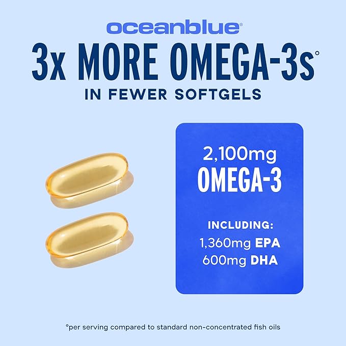 Oceanblue Professional Omega-3 2100 – 180 ct – Triple Strength Burpless Fish Oil Supplement with High-Potency EPA, DHA, DPA – Wild-Caught – Orange Flavor (90 Servings)