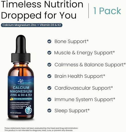 (1 Pack) Magnesium Calcium Zinc Supplement with Vitamin D3 K2 for Women, Magnesium Glycinate Vegan Liquid Drops for Adult Plus L-Theanine Boron Sea Moss Extract, Bone, Sleep & Leg Cramps, 1 Fl Oz
