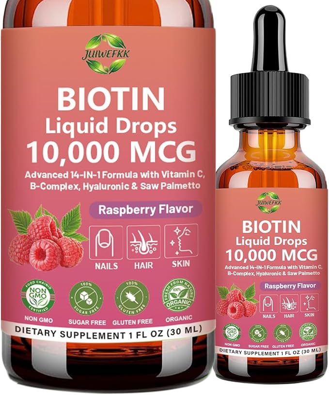 Pure Biotin 10000mcg Liquid Drop Optimal Solutions Hair Skin & Nails Vitamins Support w. Collagen Keratin Hyaluronic Acid Saw Palmetto, Biotin(Vitamin B7) for Hair Growth & Cellular Energy