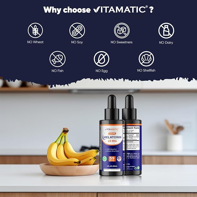 Vitamatic Melatonin 20mg Liquid Drops – 2 Fluid Ounce (59ml) – Natural Berry Flavor – for Adults – Non-GMO – Vegetarian Supplement