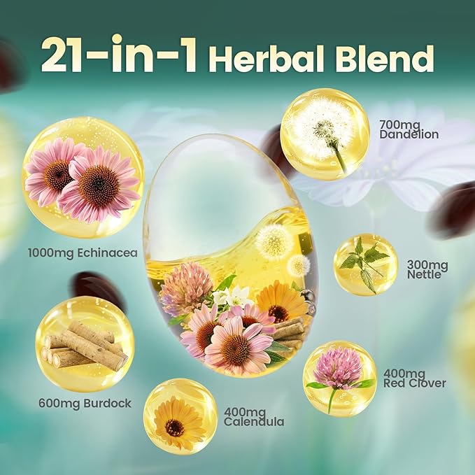 Lymphatic Drainage Supplements, 960 Softgels, Lymph System Support Supplement for Women & Men, 21-in-1 Herbal Blend with Echinacea, Dandelion, Burdock, Bromelain, Calendula, Turmeric & More, 4 Bag