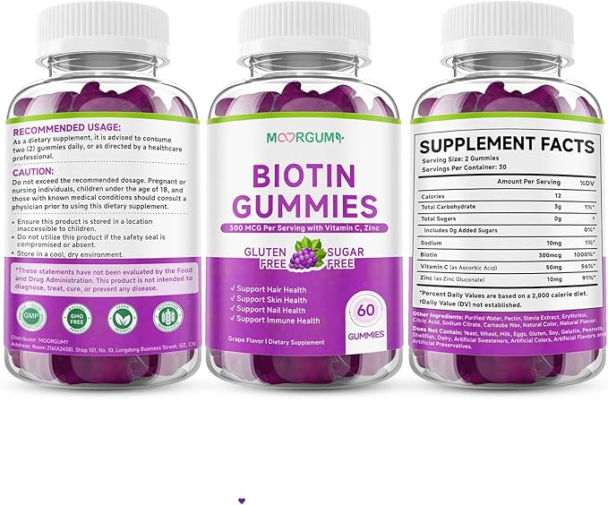 Sugar Free Biotin Hair, Skin & Nails Gummies, Supports Healthy Hair, Skin and Stronger Nails, with Vitamin C, Zinc Chewable Vitamin B7 Supplements for Women & Men, Vegan, Non-GMO, Grape, 120 Count