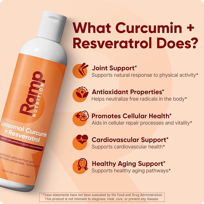 Liposomal Curcumin + Resveratrol Liquid – 200mg Curcuminoids + 75mg Trans-Resveratrol – Joint Support, Anti-Inflammatory & Longevity – High Absorption – Vegan – 30 Servings