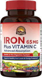Vitalitown Iron Supplement for Women Men, High Potency 65mg Iron with Vitamin C 250mg, Less Constipating, Better for Blood Building & Energy Improvement, No Gluten, Non-GMO,60 Vegan Iron Pills