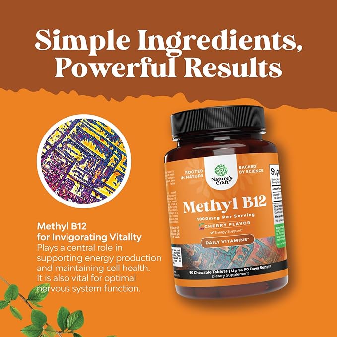 Chewable B12 Vitamin 1000mcg - Vitamin B12 for Brain Function & Energy - Uplift Mood with Methylcobalamin - Bone & Eye Health - Supports Mental Clarity & Skin Care - Cherry Flavor - 60 Count