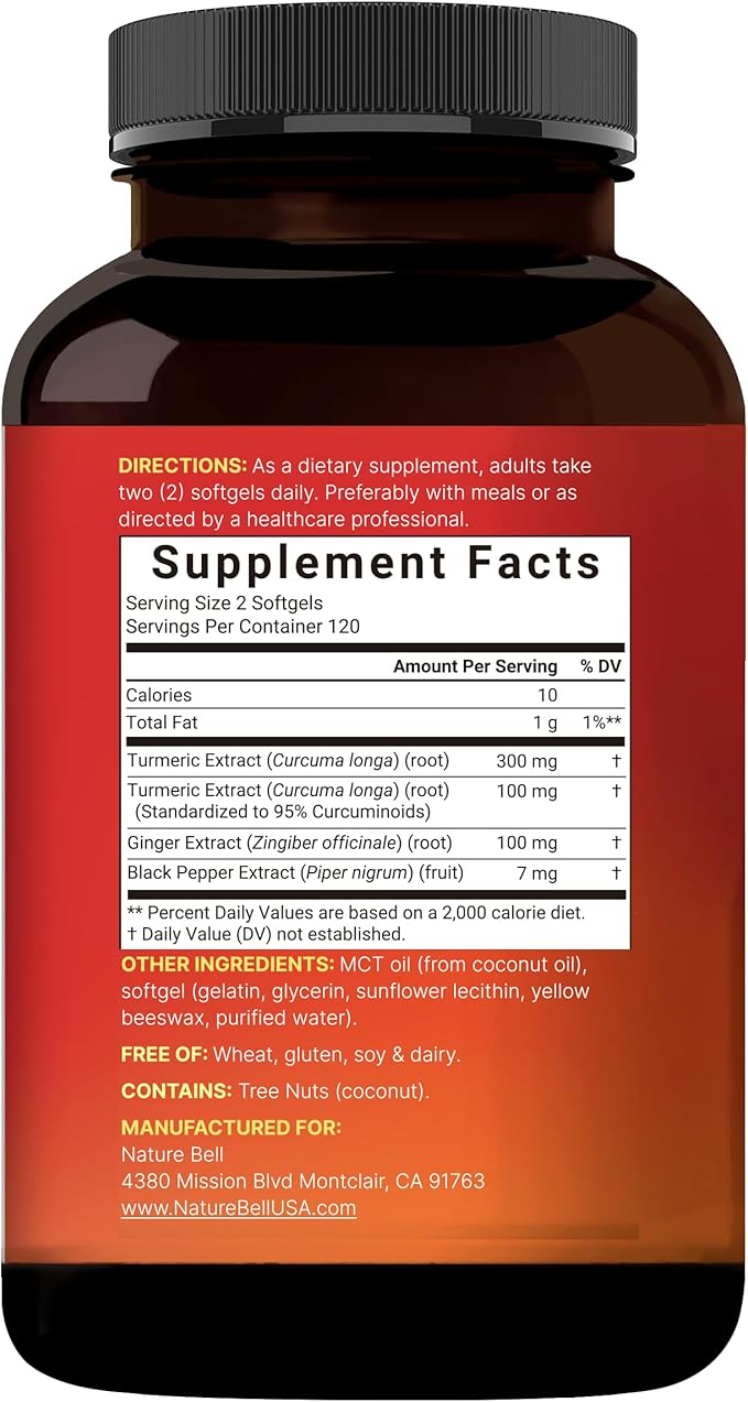 Turmeric Curcumin Supplement with Black Pepper & Ginger | 95% Curcuminoids | 240 Softgels with MCT Oil for Better Absorption (120 Day Supply)