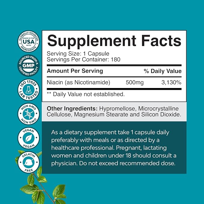 Vitamin B3 Niacinamide 500mg Capsules - Mitochondrial Energy and Potent Skin Supplement - AKA Vitamin B3 Niacin Flush Free and Nicotinamide 500mg - Flush Free Niacin Supplement - 180 Count