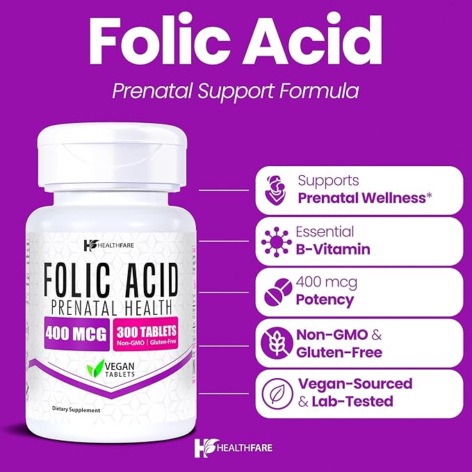 Healthfare Folic Acid 400mcg | 300 Veg Tablets | Folate Vitamin B9 | Gluten-Free | Non-GMO | Made in USA