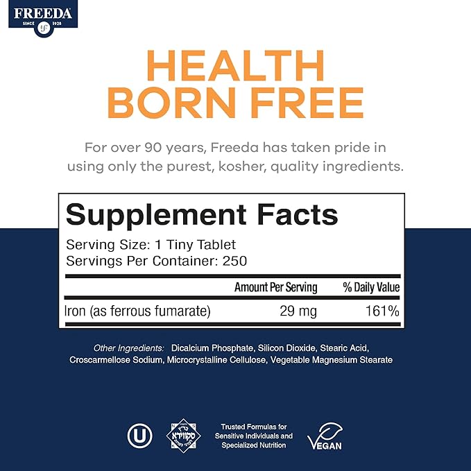 FREEDA 29 mg Gentle Iron Supplement for Women & Men from Ferrous Fumarate – Stomach Friendly Low Iron Pills for Energy & Red Blood Cell Booster Support, Easy-to-Swallow Tablets, Kosher, GF (250 Count)