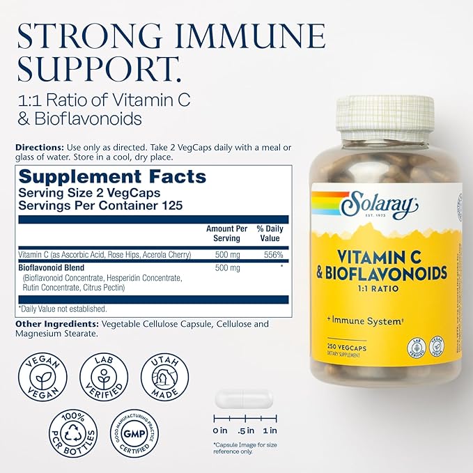 SOLARAY Vitamin C 500mg with Citrus Bioflavonoids, 1:1 Ratio - Antioxidant and Immune Support Supplement - Vitamin C with Rose HIPS and Acerola, Vegan, 60-Day Guarantee, 125 Servings, 250 VegCaps