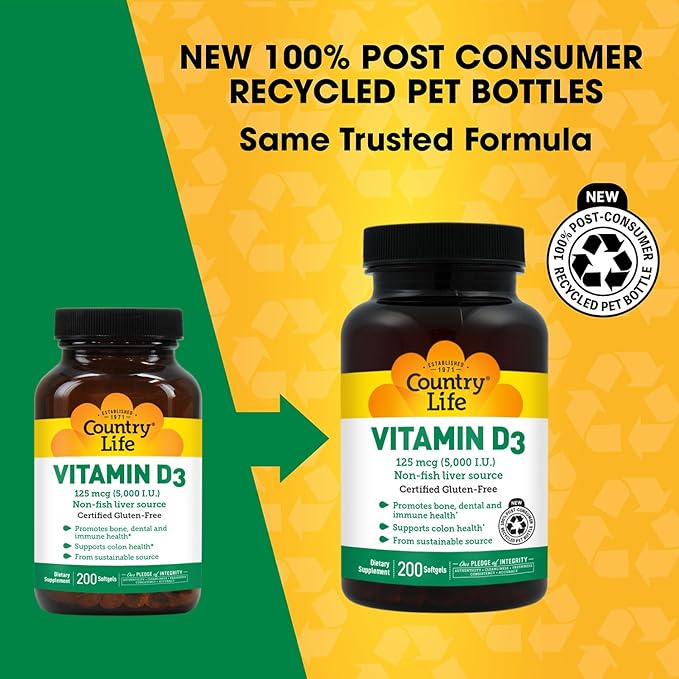 Country Life Vitamin D3 5000 IU for Immune and Bone Health, Calcium Absorption, and Colon Health - Sustainable Source from Lanolin, Available in Various Strengths