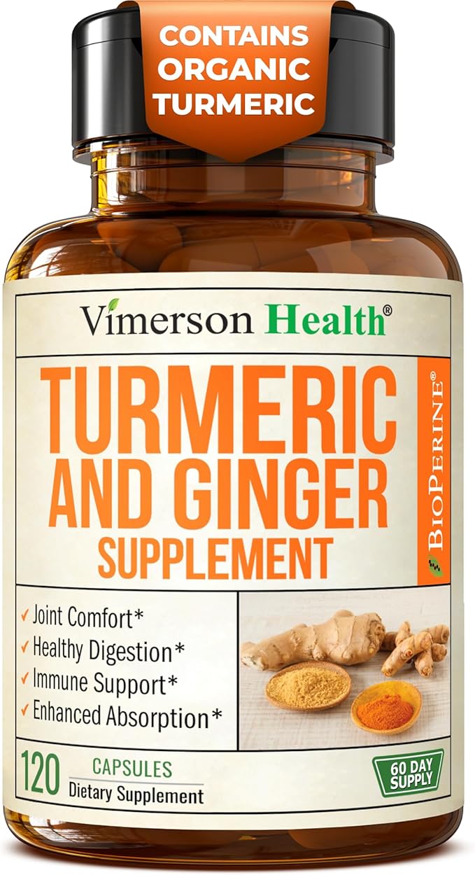 Turmeric Curcumin Supplement with Ginger Root for Joint Support, Digestive & Gut Health - Contains Organic Turmeric Curcumin with Black Pepper (Bioperine) for Enhanced Absorption - 120 Capsules
