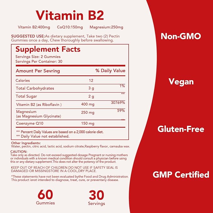 Vitamin B2 Gummies 400mg | Riboflavin 400mg with CoQ10 150mg, Magnesium 200mg | B2 Vitamin 400mg for Kids & Adults, Nervous System & Skin Health | 60 Vegan Chewables | Unflavored