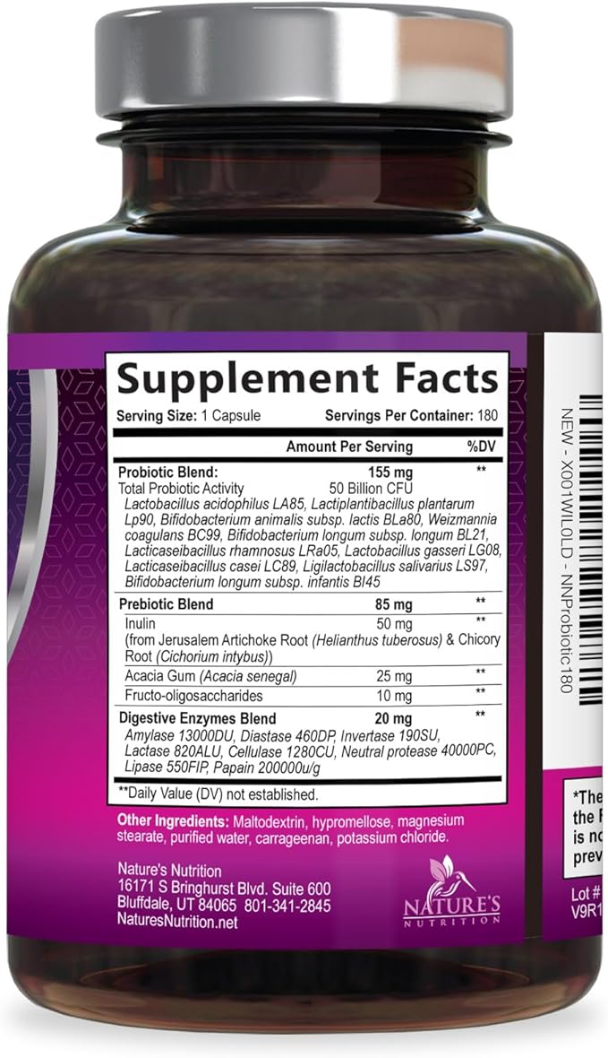 Probiotics for Digestive Gut Health - 50 Billion CFU Per Capsule, 10 Premium Strains & Prebiotics - Best Probiotics for Women & Men, Occasional Constipation, Gas, Immune Health Support - 180 Capsules