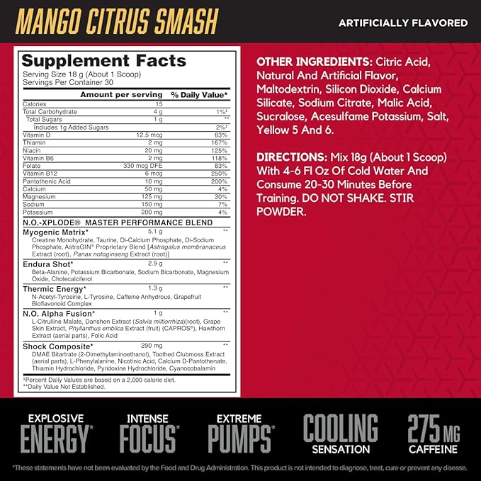 BSN N.O.-XPLODE Cool Rush Pre Workout Powder, Preworkout Energy Supplement for Men and Women with Creatine and Beta-Alanine, Mango Citrus Smash, 30 Servings, 1.2 Pound (Packaging May Vary)