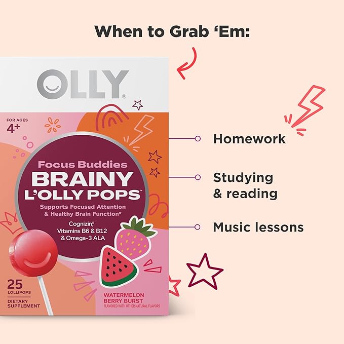 OLLY Focus Buddies L’OLLY Pops, Cognizin, Vitamins B6 & B12, Omega-3 ALA, Supports Focused Attention & Healthy Brain Function,* Kids 4+ Dietary Supplement, Watermelon Strawberry,25 Count (Pack of 2)