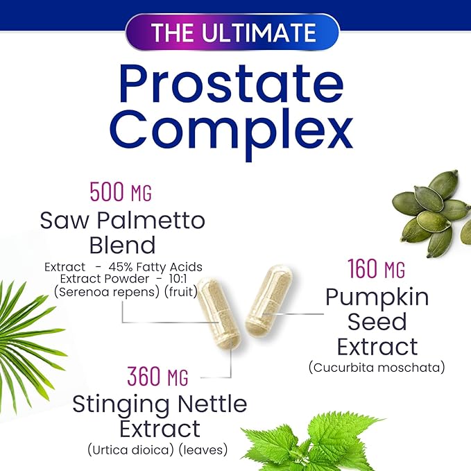 Prostate Health Supplements for Men - 3X Strength with Saw Palmetto Blend Stinging Nettle Root & Pumpkin Seed Support Complex - Supports Bathroom Trips Prostate & Urinary Health - 60 Capsules