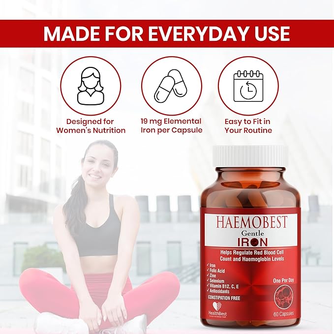 HealthBest High Potency Gentle Iron Capsules 19mg |Slow Release Iron for Faster Absorption, Non-Constipating| Vitamin C, B12, Folate Zinc & Selenium for Anemia, Hemoglobin & Immune Support |60 Count