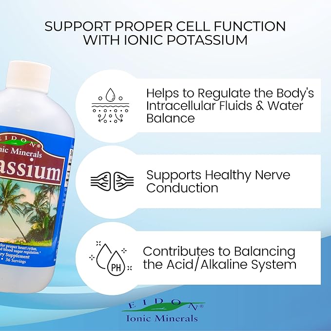 Eidon Liquid Potassium Supplement - Potassium Chloride Drops for Women & Men, Essential Electrolyte for Cell Function, Bioavailable Ionic Minerals, All Natural, No-Preservatives, Gluten Free - 18 oz